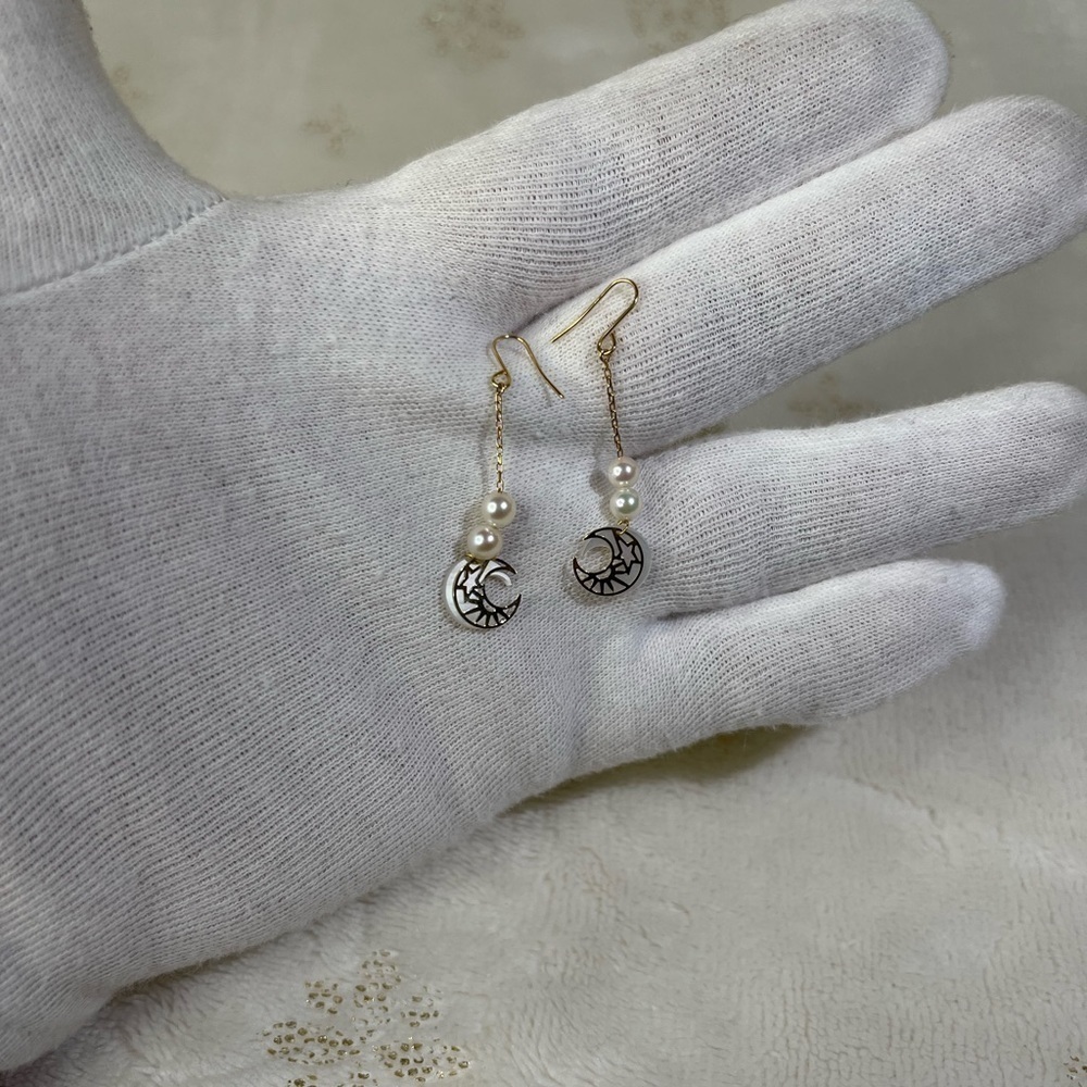 14k japan yellow gold dangling earrings with fresh water pearl - Picture 11 of 11